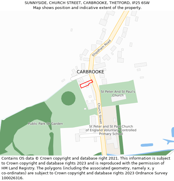 SUNNYSIDE, CHURCH STREET, CARBROOKE, THETFORD, IP25 6SW: Location map and indicative extent of plot