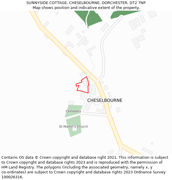 SUNNYSIDE COTTAGE, CHESELBOURNE, DORCHESTER, DT2 7NP: Location map and indicative extent of plot