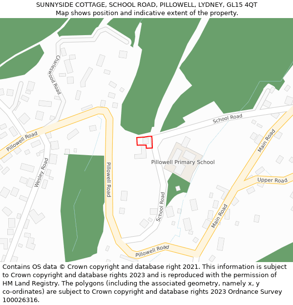 SUNNYSIDE COTTAGE, SCHOOL ROAD, PILLOWELL, LYDNEY, GL15 4QT: Location map and indicative extent of plot