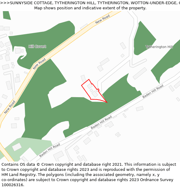 SUNNYSIDE COTTAGE, TYTHERINGTON HILL, TYTHERINGTON, WOTTON-UNDER-EDGE, GL12 8UR: Location map and indicative extent of plot