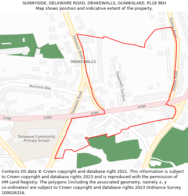 SUNNYSIDE, DELAWARE ROAD, DRAKEWALLS, GUNNISLAKE, PL18 9EH: Location map and indicative extent of plot