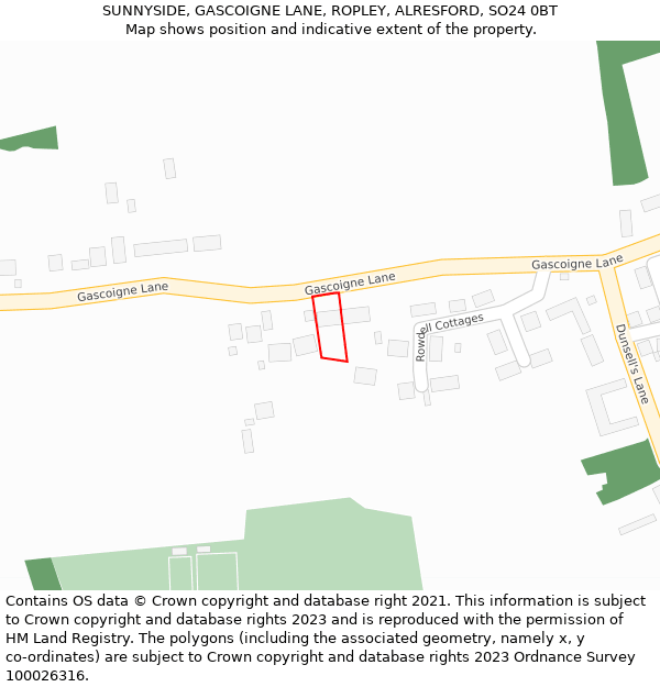 SUNNYSIDE, GASCOIGNE LANE, ROPLEY, ALRESFORD, SO24 0BT: Location map and indicative extent of plot