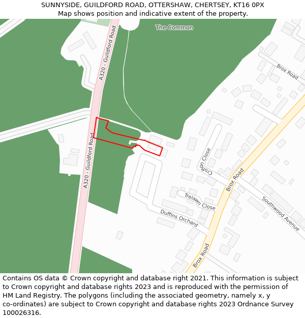 SUNNYSIDE, GUILDFORD ROAD, OTTERSHAW, CHERTSEY, KT16 0PX: Location map and indicative extent of plot