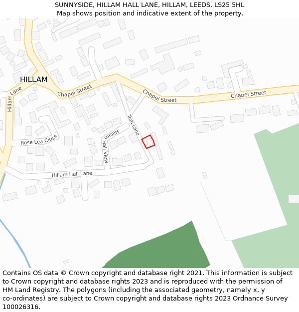 SUNNYSIDE, HILLAM HALL LANE, HILLAM, LEEDS, LS25 5HL: Location map and indicative extent of plot