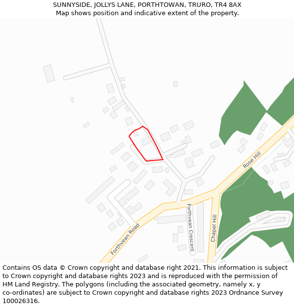 SUNNYSIDE, JOLLYS LANE, PORTHTOWAN, TRURO, TR4 8AX: Location map and indicative extent of plot