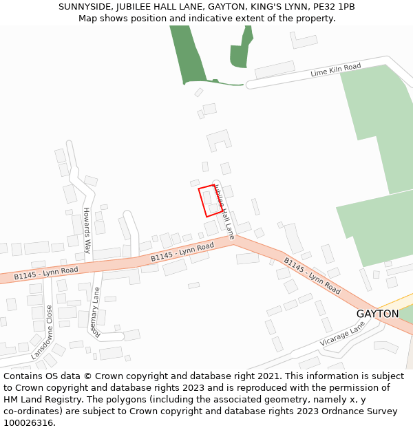 SUNNYSIDE, JUBILEE HALL LANE, GAYTON, KING'S LYNN, PE32 1PB: Location map and indicative extent of plot