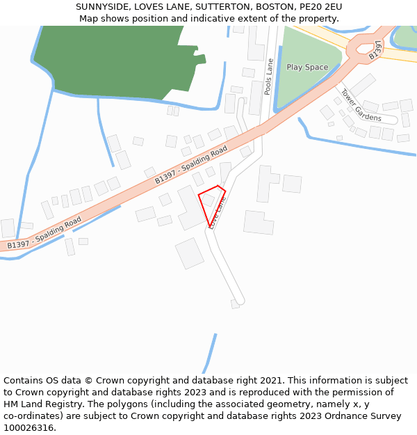 SUNNYSIDE, LOVES LANE, SUTTERTON, BOSTON, PE20 2EU: Location map and indicative extent of plot