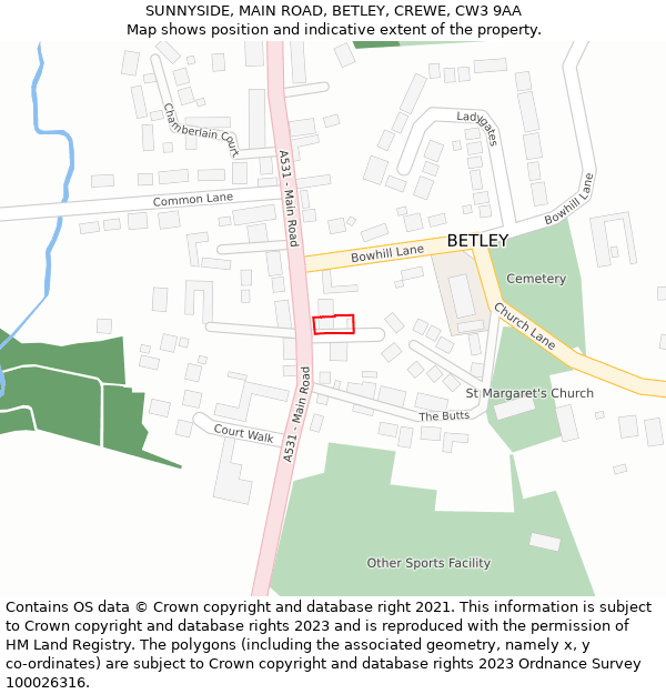 SUNNYSIDE, MAIN ROAD, BETLEY, CREWE, CW3 9AA: Location map and indicative extent of plot
