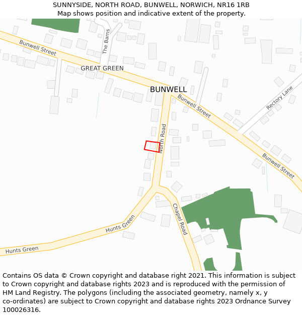 SUNNYSIDE, NORTH ROAD, BUNWELL, NORWICH, NR16 1RB: Location map and indicative extent of plot