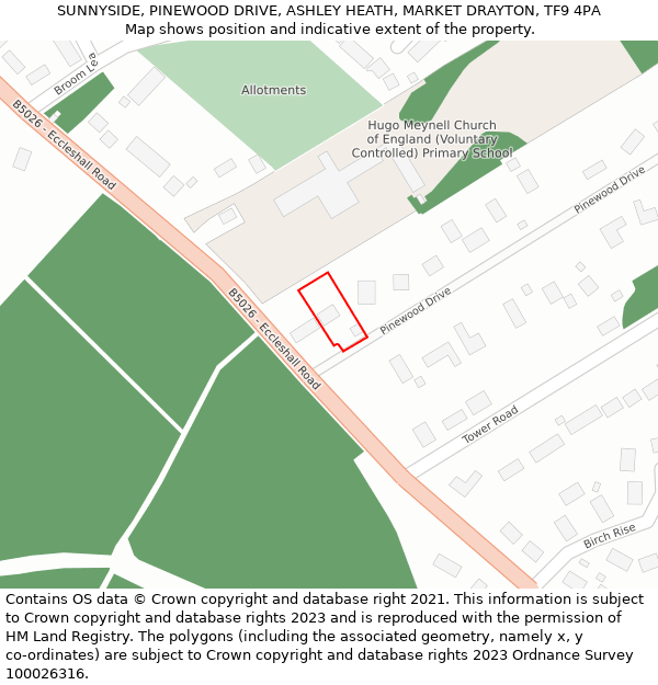 SUNNYSIDE, PINEWOOD DRIVE, ASHLEY HEATH, MARKET DRAYTON, TF9 4PA: Location map and indicative extent of plot