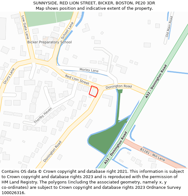 SUNNYSIDE, RED LION STREET, BICKER, BOSTON, PE20 3DR: Location map and indicative extent of plot