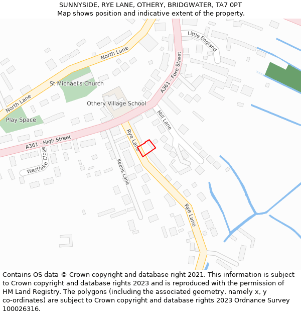 SUNNYSIDE, RYE LANE, OTHERY, BRIDGWATER, TA7 0PT: Location map and indicative extent of plot