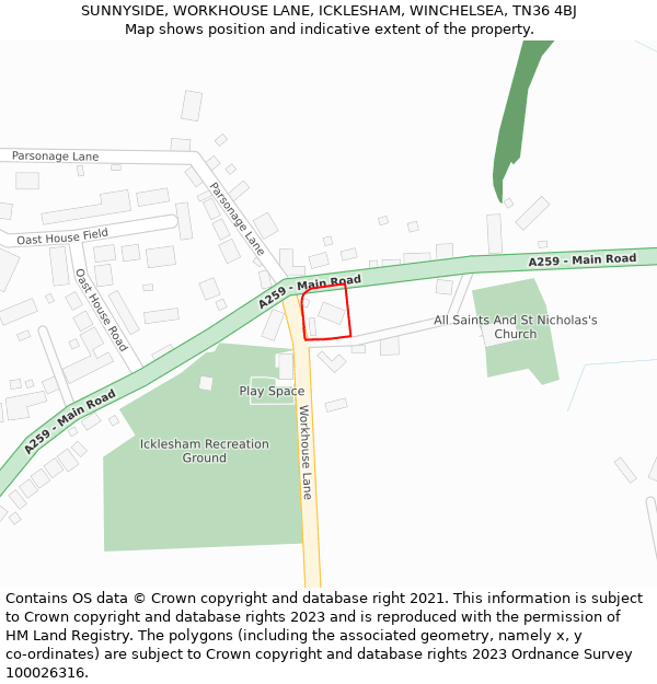 SUNNYSIDE, WORKHOUSE LANE, ICKLESHAM, WINCHELSEA, TN36 4BJ: Location map and indicative extent of plot