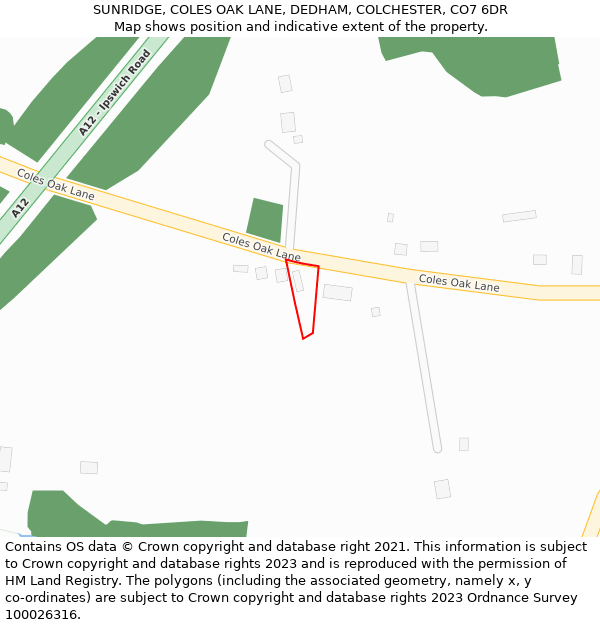 SUNRIDGE, COLES OAK LANE, DEDHAM, COLCHESTER, CO7 6DR: Location map and indicative extent of plot