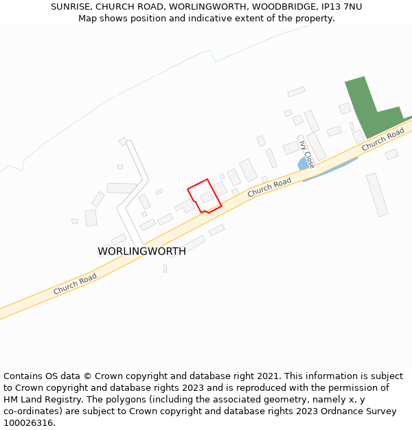 SUNRISE, CHURCH ROAD, WORLINGWORTH, WOODBRIDGE, IP13 7NU: Location map and indicative extent of plot