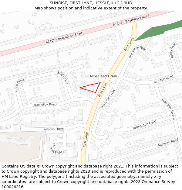 SUNRISE, FIRST LANE, HESSLE, HU13 9HD: Location map and indicative extent of plot