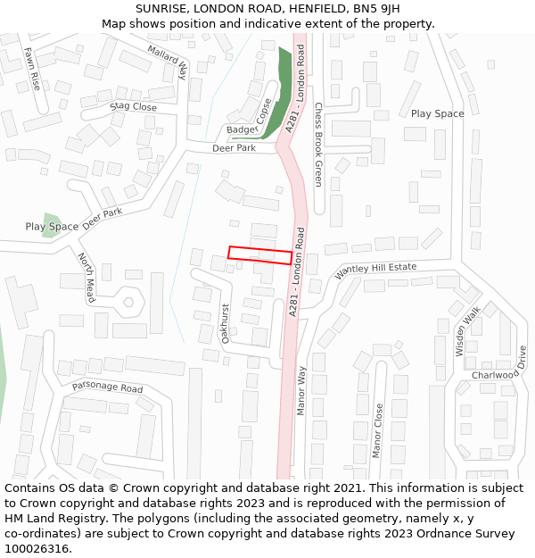 SUNRISE, LONDON ROAD, HENFIELD, BN5 9JH: Location map and indicative extent of plot