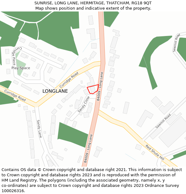 SUNRISE, LONG LANE, HERMITAGE, THATCHAM, RG18 9QT: Location map and indicative extent of plot