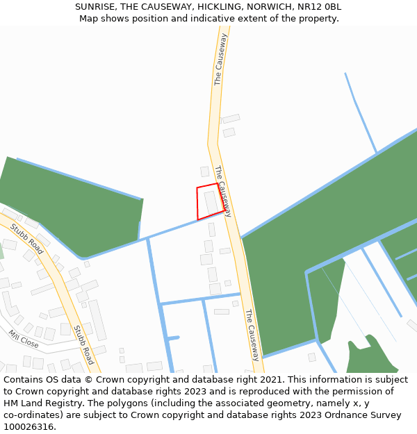 SUNRISE, THE CAUSEWAY, HICKLING, NORWICH, NR12 0BL: Location map and indicative extent of plot