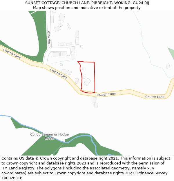 SUNSET COTTAGE, CHURCH LANE, PIRBRIGHT, WOKING, GU24 0JJ: Location map and indicative extent of plot