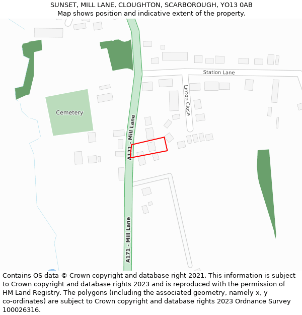 SUNSET, MILL LANE, CLOUGHTON, SCARBOROUGH, YO13 0AB: Location map and indicative extent of plot