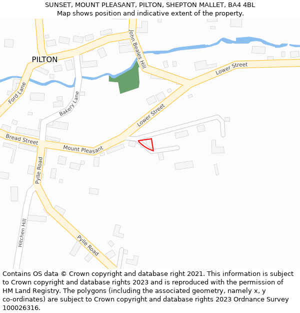 SUNSET, MOUNT PLEASANT, PILTON, SHEPTON MALLET, BA4 4BL: Location map and indicative extent of plot