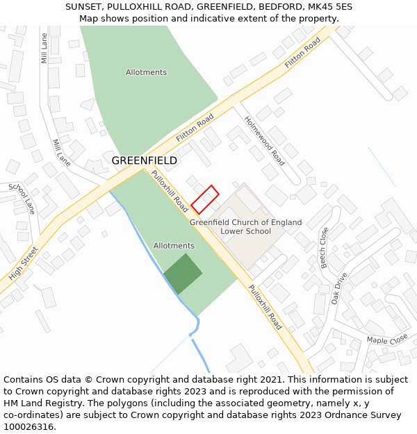 SUNSET, PULLOXHILL ROAD, GREENFIELD, BEDFORD, MK45 5ES: Location map and indicative extent of plot