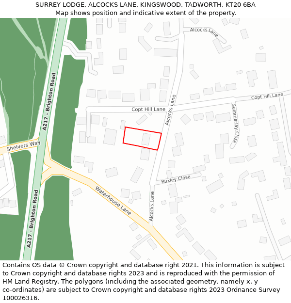 SURREY LODGE, ALCOCKS LANE, KINGSWOOD, TADWORTH, KT20 6BA: Location map and indicative extent of plot