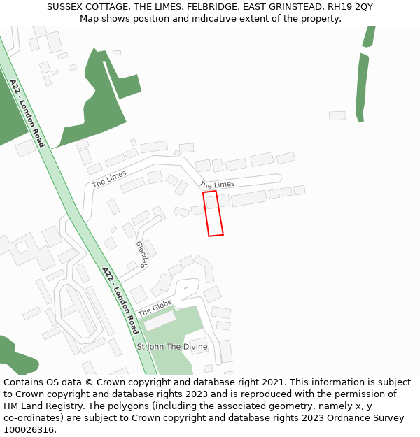 SUSSEX COTTAGE, THE LIMES, FELBRIDGE, EAST GRINSTEAD, RH19 2QY: Location map and indicative extent of plot