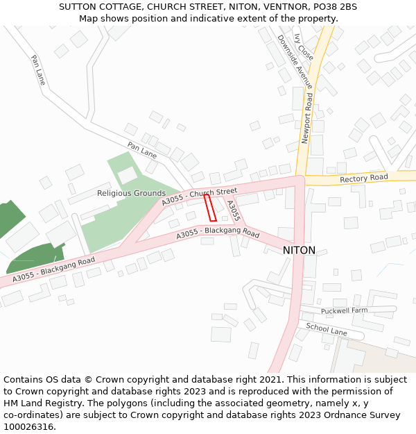 SUTTON COTTAGE, CHURCH STREET, NITON, VENTNOR, PO38 2BS: Location map and indicative extent of plot