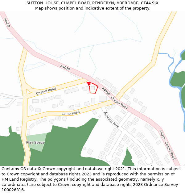 SUTTON HOUSE, CHAPEL ROAD, PENDERYN, ABERDARE, CF44 9JX: Location map and indicative extent of plot