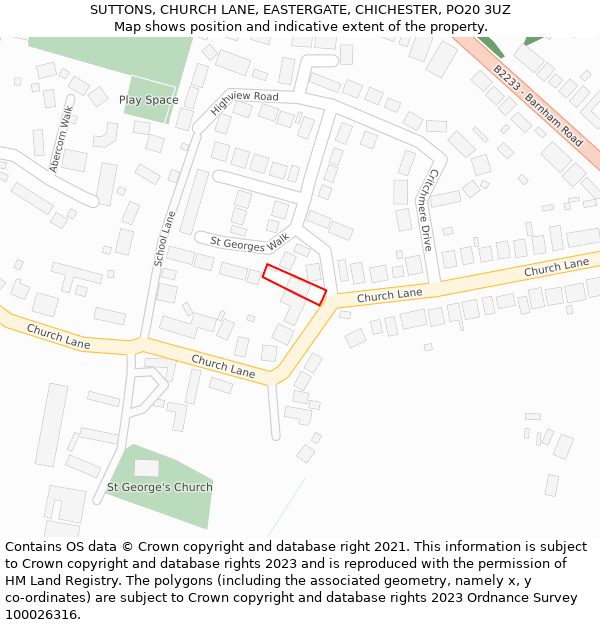 SUTTONS, CHURCH LANE, EASTERGATE, CHICHESTER, PO20 3UZ: Location map and indicative extent of plot