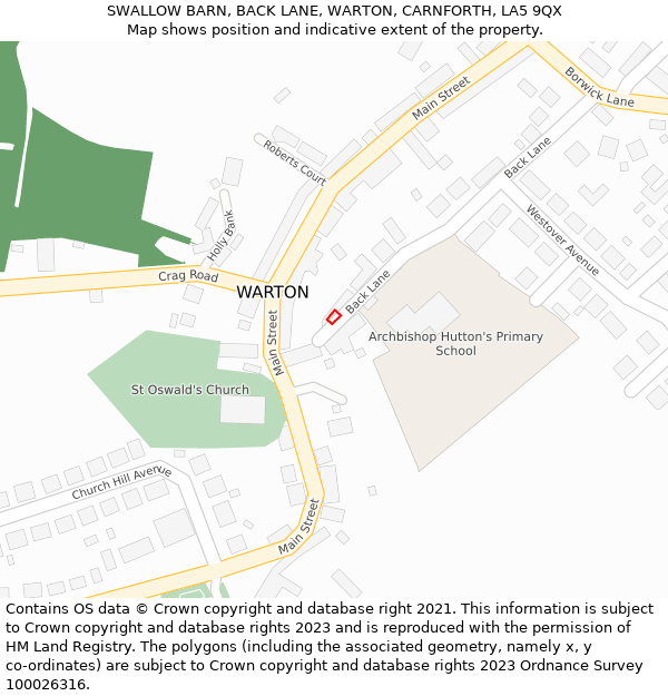 SWALLOW BARN, BACK LANE, WARTON, CARNFORTH, LA5 9QX: Location map and indicative extent of plot