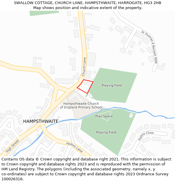 SWALLOW COTTAGE, CHURCH LANE, HAMPSTHWAITE, HARROGATE, HG3 2HB: Location map and indicative extent of plot