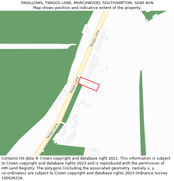 SWALLOWS, TWIGGS LANE, MARCHWOOD, SOUTHAMPTON, SO40 4UN: Location map and indicative extent of plot