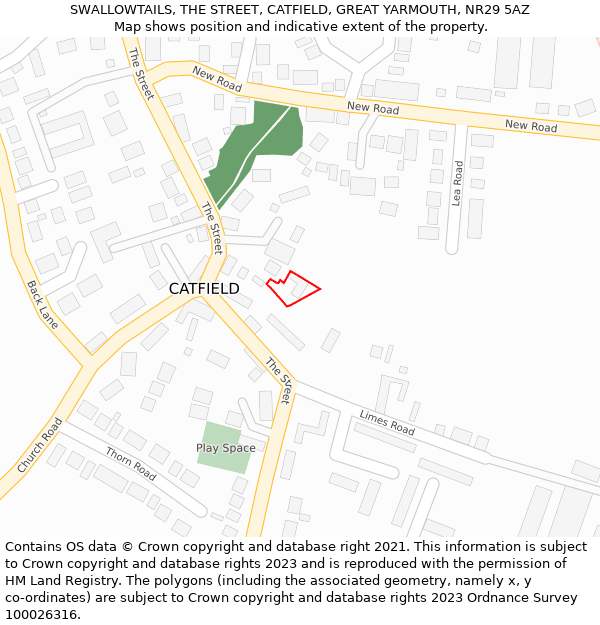 SWALLOWTAILS, THE STREET, CATFIELD, GREAT YARMOUTH, NR29 5AZ: Location map and indicative extent of plot