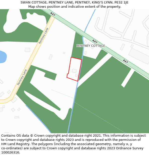 SWAN COTTAGE, PENTNEY LANE, PENTNEY, KING'S LYNN, PE32 1JE: Location map and indicative extent of plot