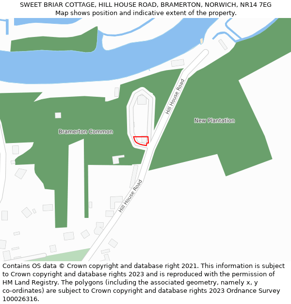SWEET BRIAR COTTAGE, HILL HOUSE ROAD, BRAMERTON, NORWICH, NR14 7EG: Location map and indicative extent of plot