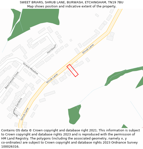 SWEET BRIARS, SHRUB LANE, BURWASH, ETCHINGHAM, TN19 7BU: Location map and indicative extent of plot