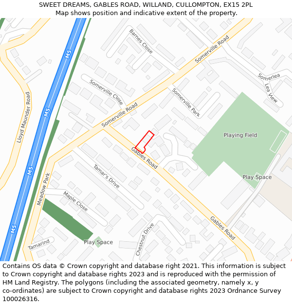 SWEET DREAMS, GABLES ROAD, WILLAND, CULLOMPTON, EX15 2PL: Location map and indicative extent of plot