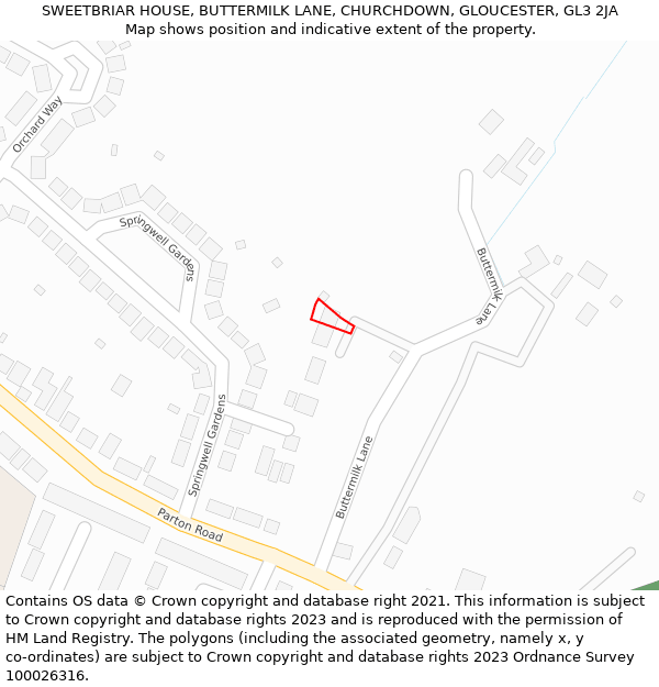 SWEETBRIAR HOUSE, BUTTERMILK LANE, CHURCHDOWN, GLOUCESTER, GL3 2JA: Location map and indicative extent of plot