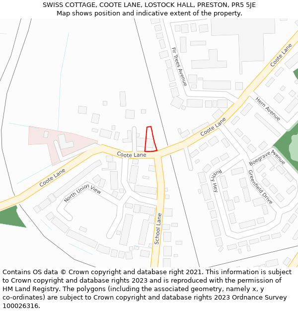 SWISS COTTAGE, COOTE LANE, LOSTOCK HALL, PRESTON, PR5 5JE: Location map and indicative extent of plot