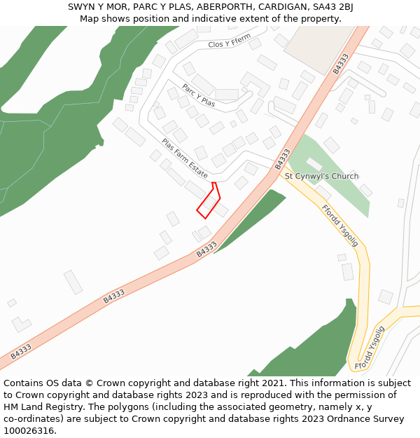 SWYN Y MOR, PARC Y PLAS, ABERPORTH, CARDIGAN, SA43 2BJ: Location map and indicative extent of plot