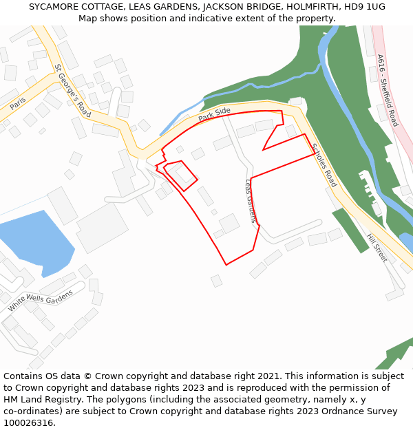 SYCAMORE COTTAGE, LEAS GARDENS, JACKSON BRIDGE, HOLMFIRTH, HD9 1UG: Location map and indicative extent of plot