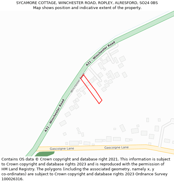 SYCAMORE COTTAGE, WINCHESTER ROAD, ROPLEY, ALRESFORD, SO24 0BS: Location map and indicative extent of plot