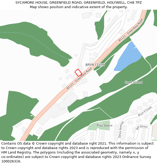 SYCAMORE HOUSE, GREENFIELD ROAD, GREENFIELD, HOLYWELL, CH8 7PZ: Location map and indicative extent of plot