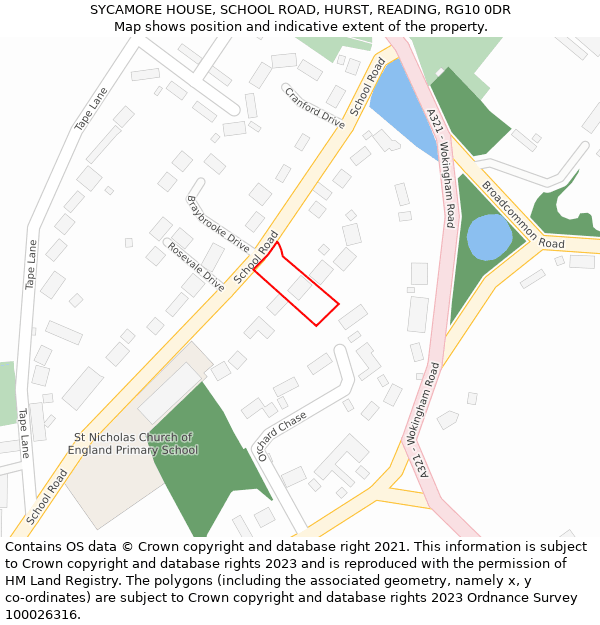 SYCAMORE HOUSE, SCHOOL ROAD, HURST, READING, RG10 0DR: Location map and indicative extent of plot