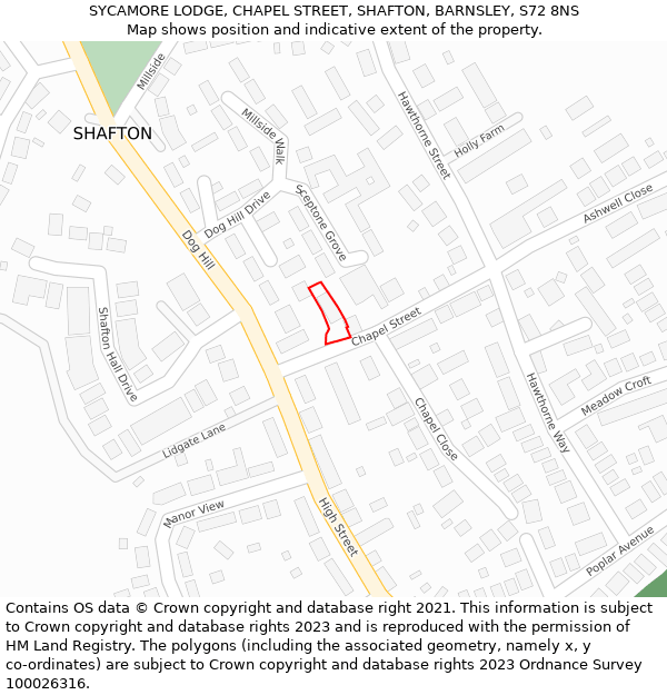 SYCAMORE LODGE, CHAPEL STREET, SHAFTON, BARNSLEY, S72 8NS: Location map and indicative extent of plot