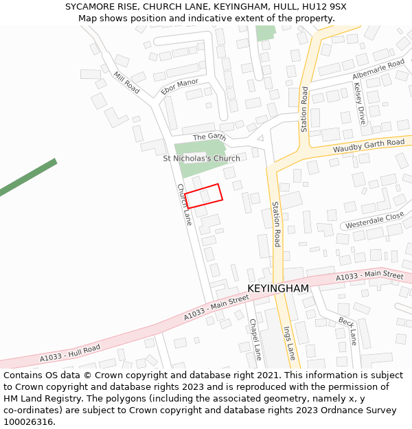 SYCAMORE RISE, CHURCH LANE, KEYINGHAM, HULL, HU12 9SX: Location map and indicative extent of plot