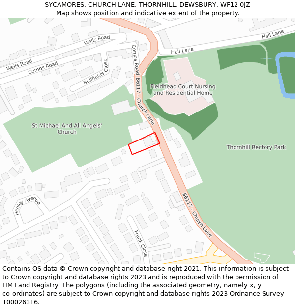 SYCAMORES, CHURCH LANE, THORNHILL, DEWSBURY, WF12 0JZ: Location map and indicative extent of plot